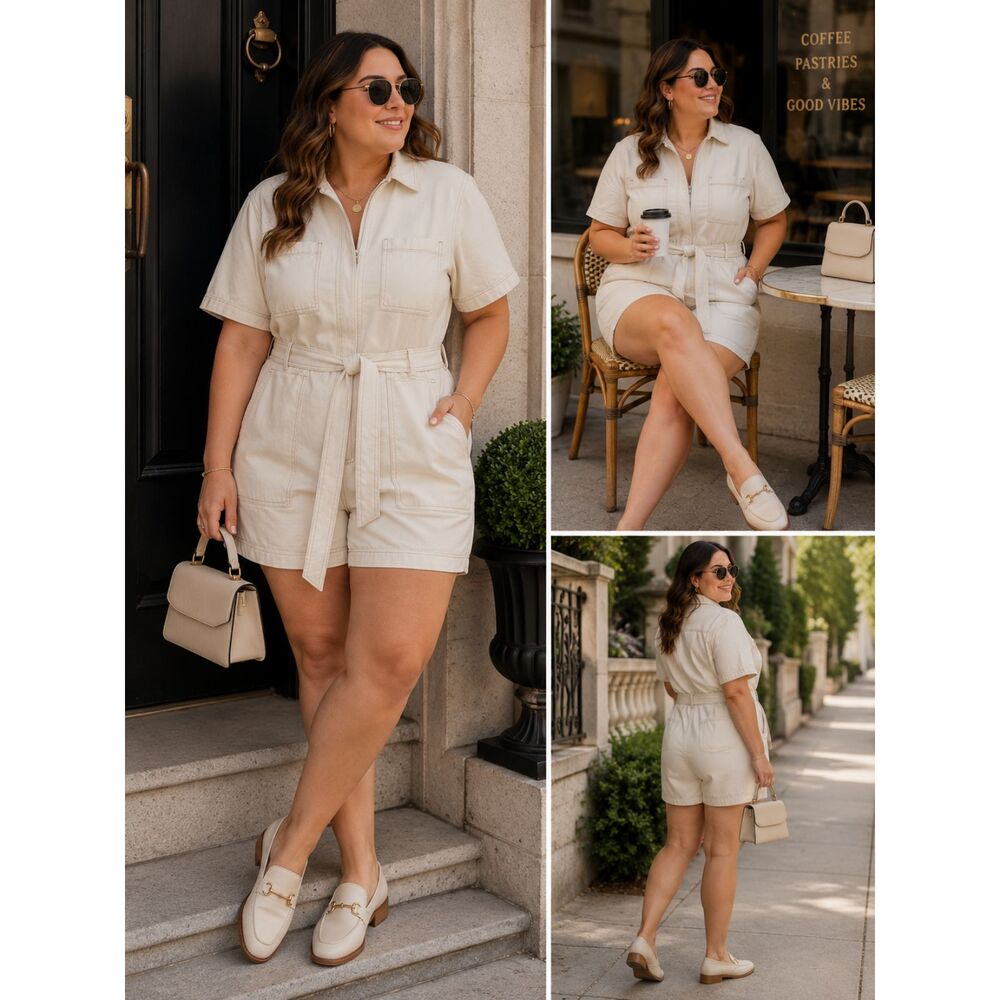 Future Collective Cream Utility Romper XXL Belted Cotton Shorts Romper
